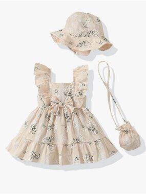 Girls Floral Ruffled Dress Set with Hat and Mini Bag - Beige